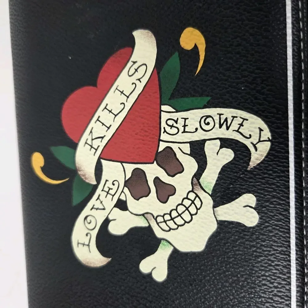 Ed Hardy Black Skull Love Kills Slowly Wallet Zip Around Card Holder Pocket Book